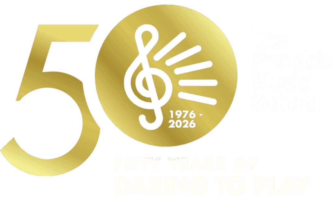 Gold and white 50 Years of Daring to Play Logo with a large 50 and the TPMS treble clef